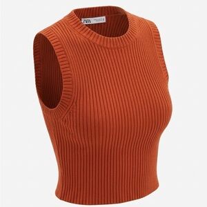 Zara Ribbed Sleeveless Crop Top - Rust Orange